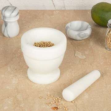 Creative Home Natural Marble Mortar and Pestle Set Spice Grinder Guacamole Molcajete Bowl Kitchen Spices Herbs Pesto Grinder, 4" Diam. x 4" H, Off-White