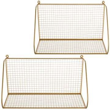 MyGift Metal Mesh Wall Hanging Storage Shelves, Wall-Mounted Gold-Tone Perforated Decorative Shelves, Set of 2
