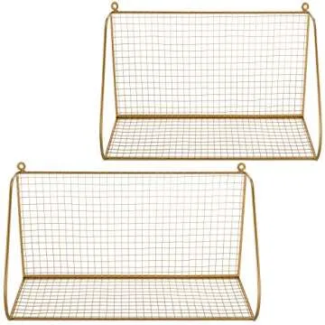 MyGift Metal Mesh Wall Hanging Storage Shelves, Wall-Mounted Gold-Tone Perforated Decorative Shelves, Set of 2