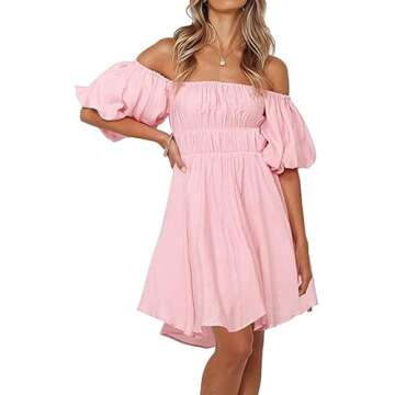 SYZRI Women's Summer Puff Sleeve Off Shoulder Mini Dress Ruffled A Line Flowy Swing Beach Dress, Small, Pink