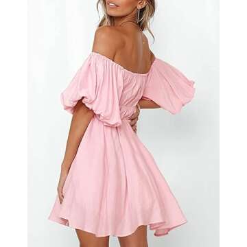SYZRI Women's Summer Puff Sleeve Off Shoulder Mini Dress Ruffled A Line Flowy Swing Beach Dress, Small, Pink