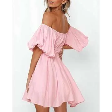 SYZRI Women's Summer Puff Sleeve Off Shoulder Mini Dress Ruffled A Line Flowy Swing Beach Dress, Small, Pink