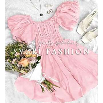 SYZRI Women's Summer Puff Sleeve Off Shoulder Mini Dress Ruffled A Line Flowy Swing Beach Dress, Small, Pink