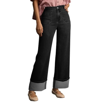 EVALESS Wide Leg Jeans Woman High Waisted Stretchy Cuffled Hem Loose Baggy Jean Denim Pants Black Si...