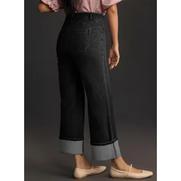 EVALESS Wide Leg Jeans Woman High Waisted Stretchy Cuffled Hem Loose Baggy Jean Denim Pants Black Size 8