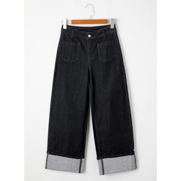 EVALESS Wide Leg Jeans Woman High Waisted Stretchy Cuffled Hem Loose Baggy Jean Denim Pants Black Size 8