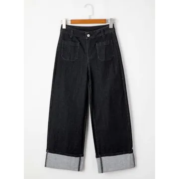 EVALESS Wide Leg Jeans Woman High Waisted Stretchy Cuffled Hem Loose Baggy Jean Denim Pants Black Size 8