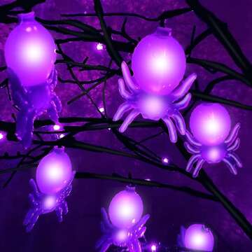 [Timer] 5.5 Ft High Halloween Lighted Tree Decor Black Spooky Tree with 96 Purple LED Lightes and 24 DIY Spiders Ornaments Halloween Outdoor Tree for Indoor Home Decorations(4 Ground Stake/Adapter)
