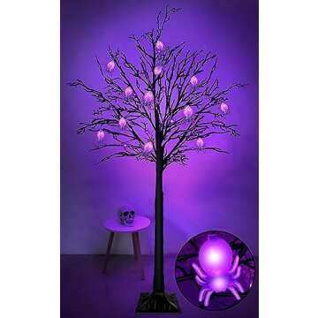 [Timer] 5.5 Ft High Halloween Lighted Tree Decor Black Spooky Tree with 96 Purple LED Lightes and 24 DIY Spiders Ornaments Halloween Outdoor Tree for Indoor Home Decorations(4 Ground Stake/Adapter)