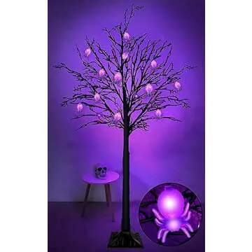 [Timer] 5.5 Ft High Halloween Lighted Tree Decor Black Spooky Tree with 96 Purple LED Lightes and 24 DIY Spiders Ornaments Halloween Outdoor Tree for Indoor Home Decorations(4 Ground Stake/Adapter)