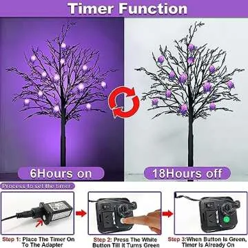 [Timer] 5.5 Ft High Halloween Lighted Tree Decor Black Spooky Tree with 96 Purple LED Lightes and 24 DIY Spiders Ornaments Halloween Outdoor Tree for Indoor Home Decorations(4 Ground Stake/Adapter)