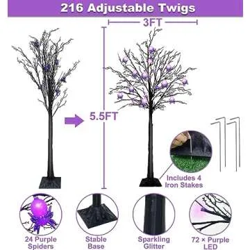 [Timer] 5.5 Ft High Halloween Lighted Tree Decor Black Spooky Tree with 96 Purple LED Lightes and 24 DIY Spiders Ornaments Halloween Outdoor Tree for Indoor Home Decorations(4 Ground Stake/Adapter)