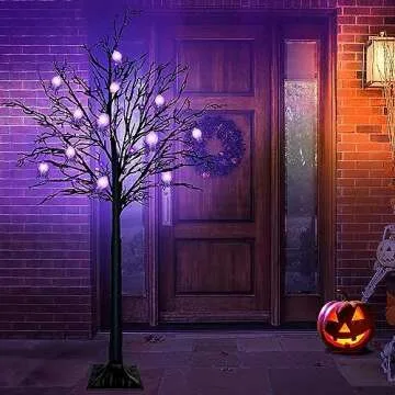 [Timer] 5.5 Ft High Halloween Lighted Tree Decor Black Spooky Tree with 96 Purple LED Lightes and 24 DIY Spiders Ornaments Halloween Outdoor Tree for Indoor Home Decorations(4 Ground Stake/Adapter)