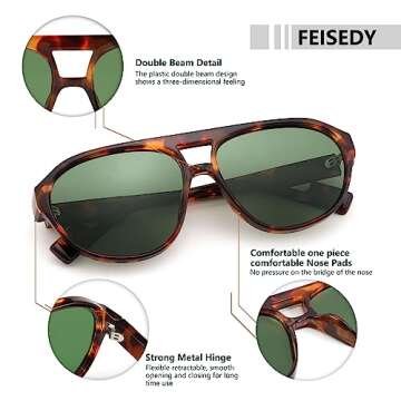 FEISEDY Sunglasses Women Men Polarized, Small 70s Aviator Frame, Retro Vintage UV400 Sun Glasses B2373, Tortoise/Green