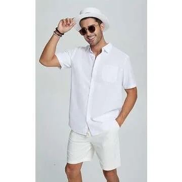 JEKAOYI Mens Casual Linen Button Down Short Sleeve Shirts Beach Summer Spread Collar Pocket Tops