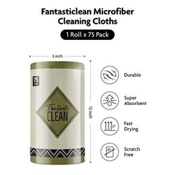 Fantasticlean Microfiber Cleaning Cloth Roll -75 Pack, Tear Away Microfiber Towels, 12" x 12", Reusable, Washable, Scratch Free, Ultra Absorbent Dish Rags for Car, Home, Garage or Shop (Olive Green)