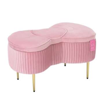Impressions Vanity Hello Kitty Bow Velvet Storage Bench for Bedroom and Living Room, Luxurious Design Foam Padded Upholstered Ottoman Bench Seat Organizer with Gold Metal Legs (Pink)