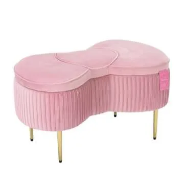 Impressions Vanity Hello Kitty Bow Velvet Storage Bench for Bedroom and Living Room, Luxurious Design Foam Padded Upholstered Ottoman Bench Seat Organizer with Gold Metal Legs (Pink)