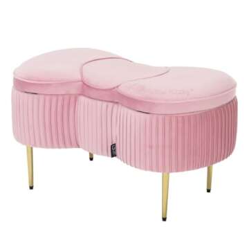 Impressions Vanity Hello Kitty Bow Velvet Storage Bench for Bedroom and Living Room, Luxurious Design Foam Padded Upholstered Ottoman Bench Seat Organizer with Gold Metal Legs (Pink)