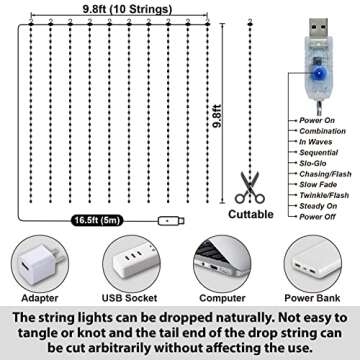 HXWEIYE 300LED Fairy Curtain Lights for Bedroom Warm White, 3mx3m 8 Modes USB Plug in Window Christmas Led String Hanging Lights with Remote for Backdrop Wedding Party Home Garden Outdoor Indoor