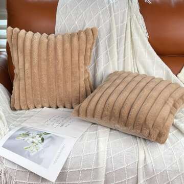 18x18 Throw Pillow Covers Set of 2, Decorative Faux Fur Covers for Bed, Couch Soft Fluffy Pillow Cover with Velvet Back for Living Room, Neutral Home Décor Accent for Sofa - Camel