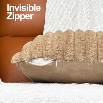 18x18 Throw Pillow Covers Set of 2, Decorative Faux Fur Covers for Bed, Couch Soft Fluffy Pillow Cover with Velvet Back for Living Room, Neutral Home Décor Accent for Sofa - Camel