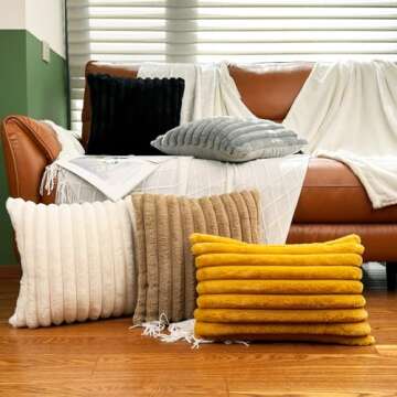 18x18 Throw Pillow Covers Set of 2, Decorative Faux Fur Covers for Bed, Couch Soft Fluffy Pillow Cover with Velvet Back for Living Room, Neutral Home Décor Accent for Sofa - Camel