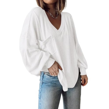 BTFBM Women's Casual V Neck Ribbed Knit Shirts Pullover Tunic Tops