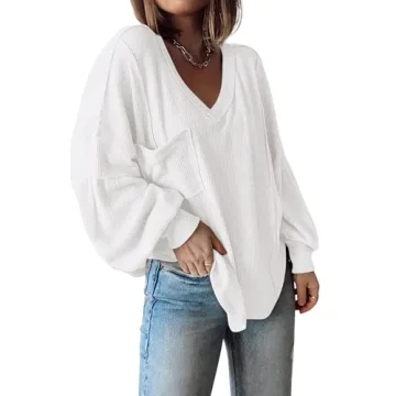 BTFBM Women's Casual V Neck Ribbed Knit Shirts Pullover Tunic Tops