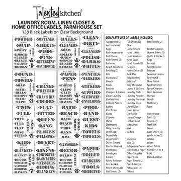 Talented Kitchen 138 Farmhouse Laundry Labels for Jars, Containers - Preprinted Bold All-Caps Household Stickers for Linen Closet, Bathroom, Home Office Organization