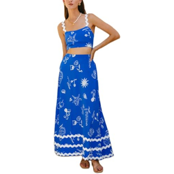 Sexy Two Piece Skirt Sets Summer Beach Vacation Outfits for Women 2 Piece Boho RIC Rac Flowy Maxi Sk...