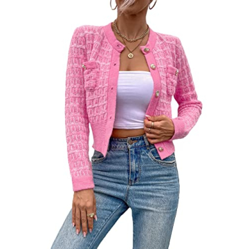 MakeMeChic Women's Cropped Cardigan with Pearl Button Detail - Stylish and Comfortable Outerwear in ...