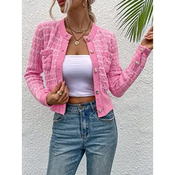 Stylish MakeMeChic Cropped Cardigan with Pearl Buttons