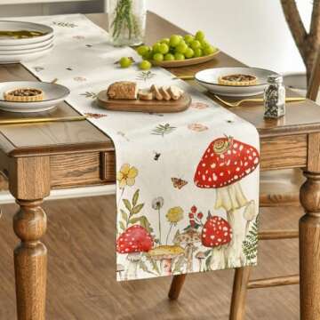 Artoid Mode Mushroom Wildflowers Spring Table Runner, Seasonal Summer Bees Butterfly Kitchen Dining Table Decoration for Home Party Decor 13x72 Inch