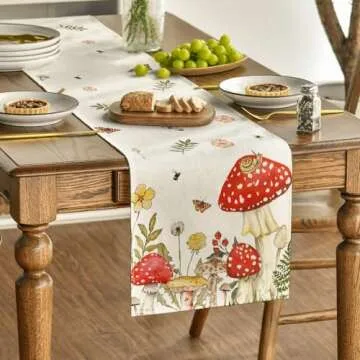 Artoid Mode Mushroom Wildflowers Spring Table Runner, Seasonal Summer Bees Butterfly Kitchen Dining Table Decoration for Home Party Decor 13x72 Inch