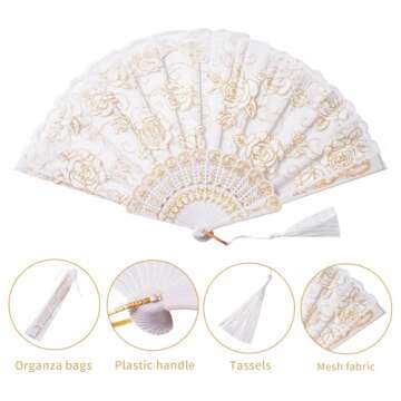 Sepwedd 30pcs White Rose Lace Floral Folding Hand Fans Chinese Retro Folding Fan Bridal Dancing Prop...