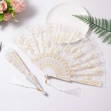 Sepwedd 30pcs White Rose Lace Floral Folding Hand Fans Chinese Retro Folding Fan Bridal Dancing Props Church Wedding Party Favors with Organza Bags