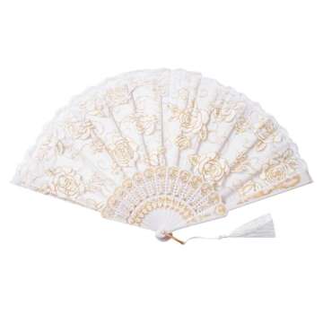 Sepwedd 30pcs White Rose Lace Floral Folding Hand Fans Chinese Retro Folding Fan Bridal Dancing Props Church Wedding Party Favors with Organza Bags