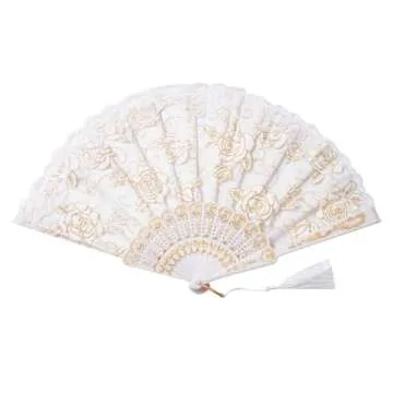 Sepwedd 30pcs White Rose Lace Floral Folding Hand Fans Chinese Retro Folding Fan Bridal Dancing Props Church Wedding Party Favors with Organza Bags