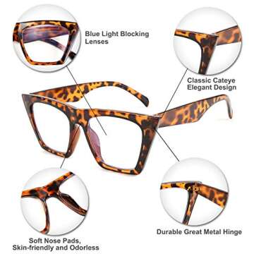 FEISEDY Square Cat Eye Reading Glasses - Stylish Blue Light Blockers