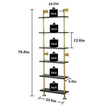 HEONITURE 6-Tier Black Faux Marble and Gold Shelves Bookshelf Decor Industrial Pipe Shelving Metal f...