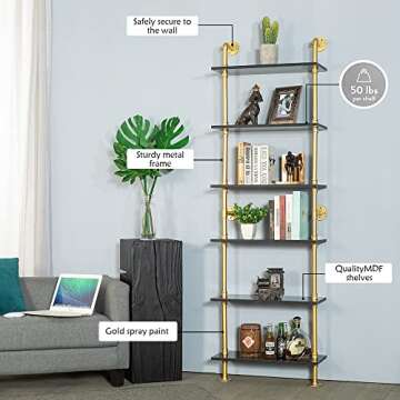 HEONITURE 6-Tier Black Faux Marble and Gold Shelves Bookshelf Decor Industrial Pipe Shelving Metal for Living Room(23.6x9.8x66.9”)
