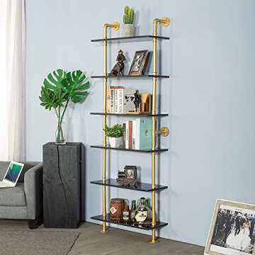 HEONITURE 6-Tier Black Faux Marble and Gold Shelves Bookshelf Decor Industrial Pipe Shelving Metal for Living Room(23.6x9.8x66.9”)