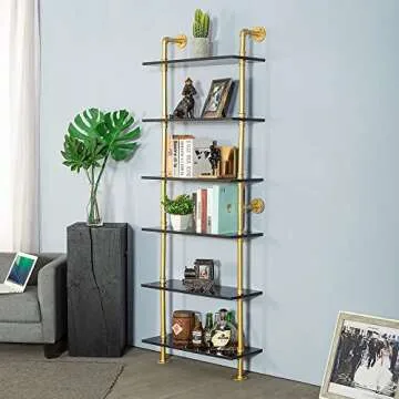 HEONITURE 6-Tier Black Faux Marble and Gold Shelves Bookshelf Decor Industrial Pipe Shelving Metal for Living Room(23.6x9.8x66.9”)
