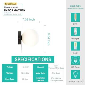 Edwarmlux 1 Light Wall Sconce, Mid Century Modern Globe Wall Sconce, Ceiling Light Fixture, Vanity Light Fixture, Indoor Wall Light for Living Room Bedroom Hallway Bathroom Entry (Matt Black)