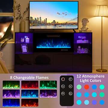 AMERLIFE 3 Piece Modern High Gloss Fireplace TV Stand + Bookcase Set for Living Room Includes 68" TV Stand with 40" Fireplace, 2 X Bookcase Storage Cabinet with Doors & 20 Colors LED Lights, Black