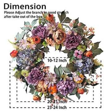 WANNA-CUL 24 Inch Spring Wreaths for Front Door with Blue Hydrangea, Valentines Day Wreath with Purple Orange Peony and Pumpkins-Fall Decoration for Home-Large Fall Decor Door Wreath for Autumn