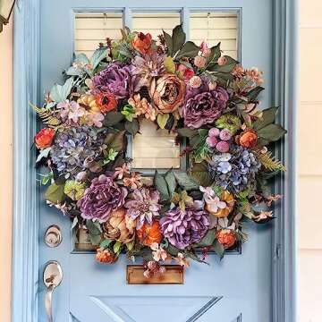 WANNA-CUL 24 Inch Spring Wreaths for Front Door with Blue Hydrangea, Valentines Day Wreath with Purple Orange Peony and Pumpkins-Fall Decoration for Home-Large Fall Decor Door Wreath for Autumn