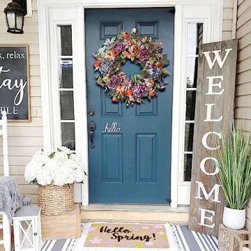 WANNA-CUL 24 Inch Spring Wreaths for Front Door with Blue Hydrangea, Valentines Day Wreath with Purple Orange Peony and Pumpkins-Fall Decoration for Home-Large Fall Decor Door Wreath for Autumn