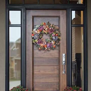 WANNA-CUL 24 Inch Spring Wreaths for Front Door with Blue Hydrangea, Valentines Day Wreath with Purple Orange Peony and Pumpkins-Fall Decoration for Home-Large Fall Decor Door Wreath for Autumn